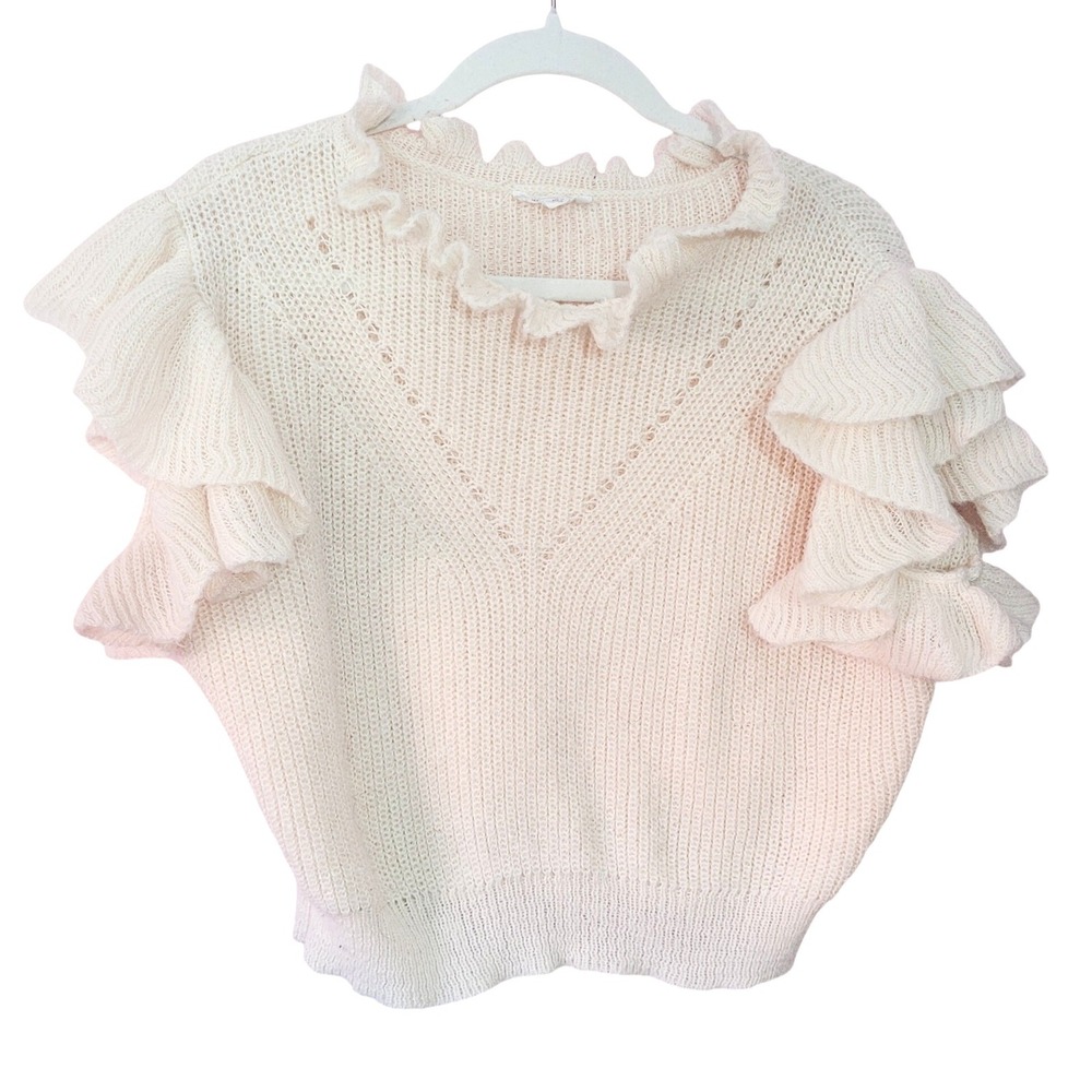 Endless Blu Cream Ruffle Neck Pointelle Knit Cottagecore Chic Sweater Top Medium